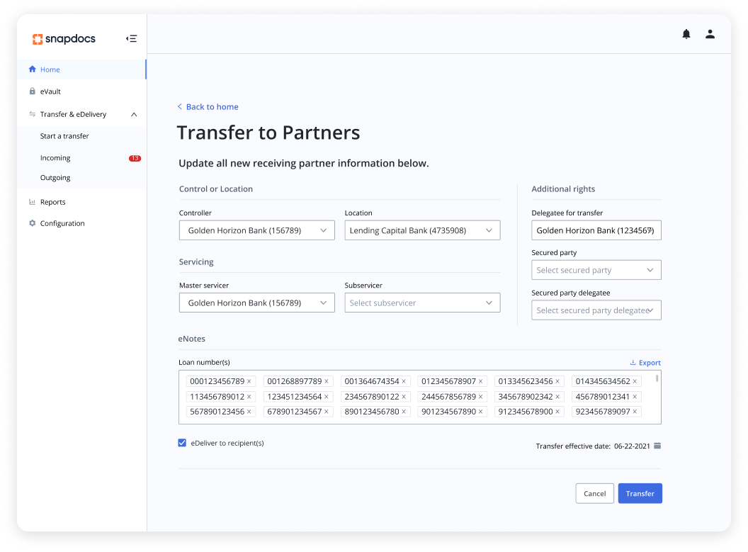 Snapdocs eVault product demonstrating transferring an eNote to any eVault