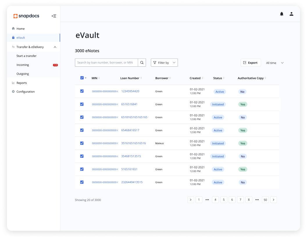 List of eNotes stores in Snapdocs eVault